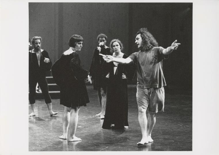 Mark Morris (right) with dancers during the filming of "Falling Down Stairs," 1994