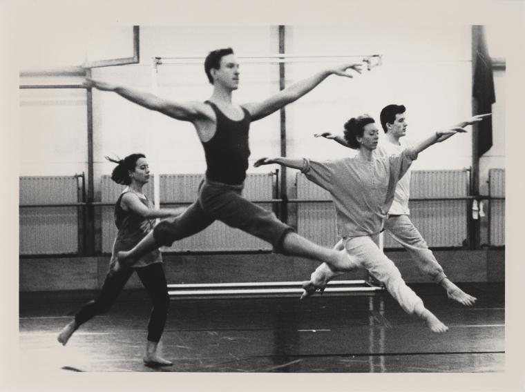 Katharina Bader, Dan Joyce, Penny Hutchinson, and Jean-Guillaume Weis rehearsing at Rue Bara Studios, circa 1990