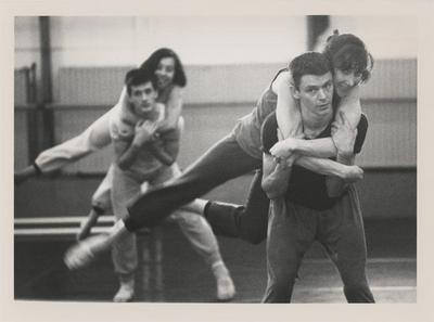 Jean-Guillaume Weis, Olivia Maridjan-Koop, Joachim Schlömer, and Alyce Bochette rehearsing "Going Away Party" at Rue Bara Studios, circa 1990 