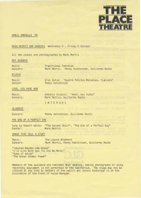 Program for Dance Umbrella '84 (London, England) - October 3-5, 1984