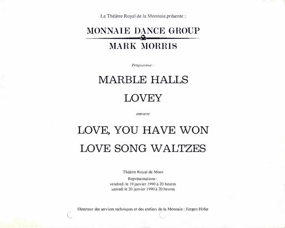 Program for Monnaie Dance Group/Mark Morris, Théâtre Royal de la Monnaie - January 19-20, 1990