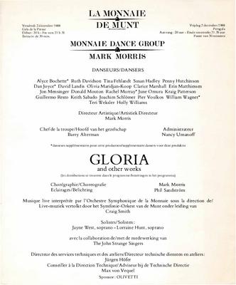 Program for "Gloria and Other Works," Théâtre Royal de la Monnaie - December 2-21, 1988