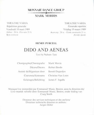 Program for "Dido and Aeneas," Monnaie Dance Group/Mark Morris, Théâtre Royal de la Monnaie - March 10, 1989 
