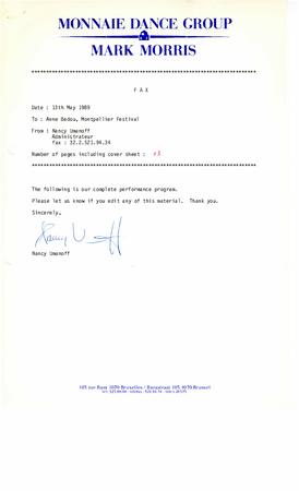 Program for Monnaie Dance Group/Mark Morris, Montpellier Danse - July 4-5, 1989