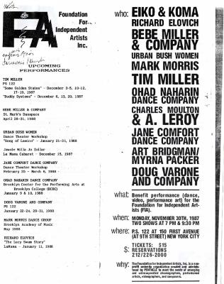 Program for Foundation for Independent Artists benefit performance - November 30, 1987