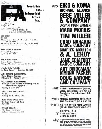 Program for Foundation for Independent Artists benefit performance - November 30, 1987