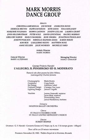 Libretto for "L'Allegro, il Penseroso ed il Moderato," Society for the Performing Arts - January 27-29, 2000