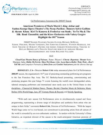 Press release for "King Arthur" at Cal Performances - April 18, 2006
