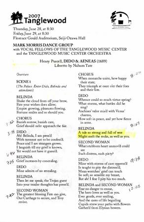 Libretto for "Dido and Aeneas," Tanglewood Music Center - June 28-29, 2007