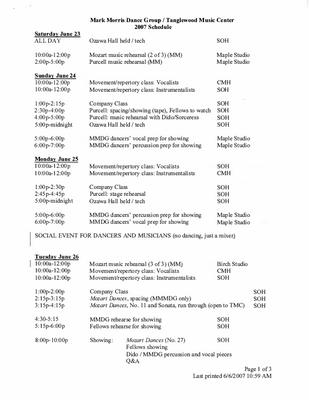 Production schedule for Tanglewood Music Center - June 23-29, 2007