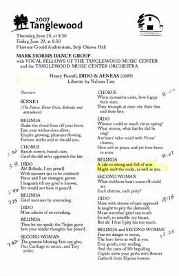 Libretto for "Dido and Aeneas," Tanglewood Music Center - June 28-29, 2007