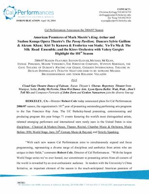 Press release for "King Arthur" at Cal Performances - April 18, 2006