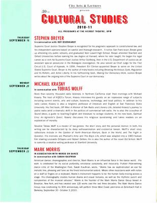 Program for a Conversation and Screening with Mark Morris and Sarah Kaufman, City Arts &amp; Lectures, Inc. - September 23, 2010