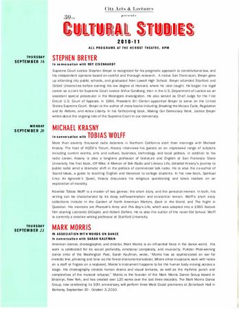 Program for a Conversation and Screening with Mark Morris and Sarah Kaufman, City Arts &amp; Lectures, Inc. - September 23, 2010