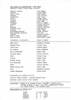 Program material for "The Death of Klinghoffer," Théâtre Royal de la Monnaie (Lyon, France) - April 13-21, 1991