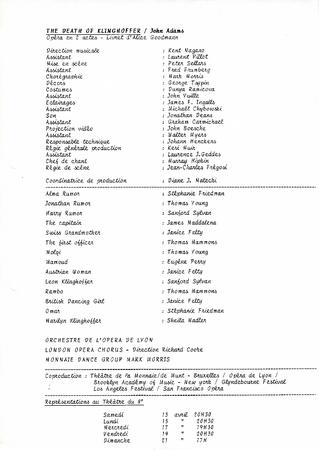 Program material for "The Death of Klinghoffer," Théâtre Royal de la Monnaie (Lyon, France) - April 13-21, 1991