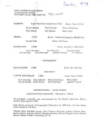 Program for Merce Cunningham Studio (New York, NY) - November 28-29, 1980