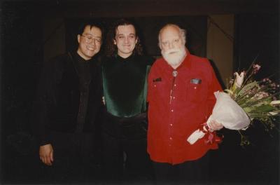 Yo-Yo Ma, Mark Morris, and Lou Harrison after the premiere of "Rhymes With Silver" at Cal Performances - March 6, 1997