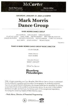 Program for the McCarter Theatre Center - January 27, 2024