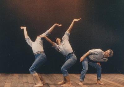 Mark Morris, Guillermo Resto, and Donald Mouton in "Songs That Tell a Story" on the set of "Great Performances," 1986