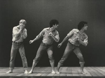 Donald Mouton, Mark Morris, and Guillermo Resto in "Songs That Tell a Story" on the set of "Great Performances," 1986