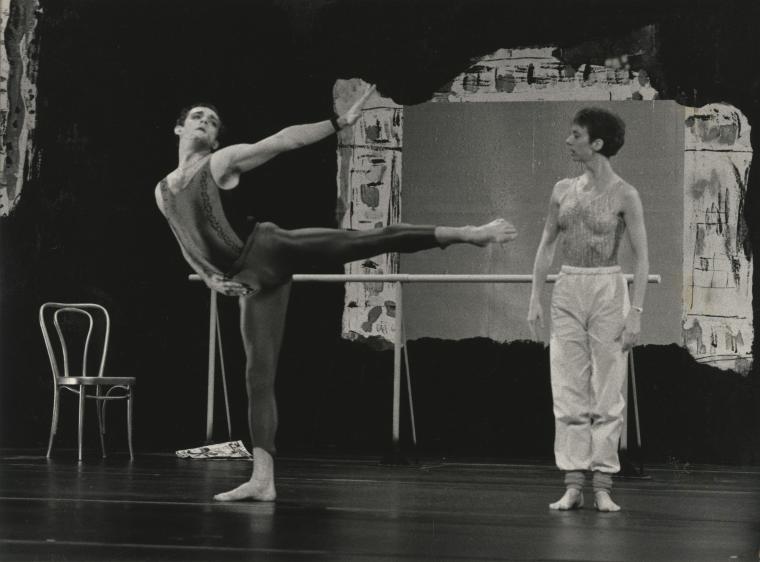 Mark Morris and Penny Hutchinson in "The 'Tamil Film Songs in Stereo' Pas de Deux" on the set of "Great Performances," 1986