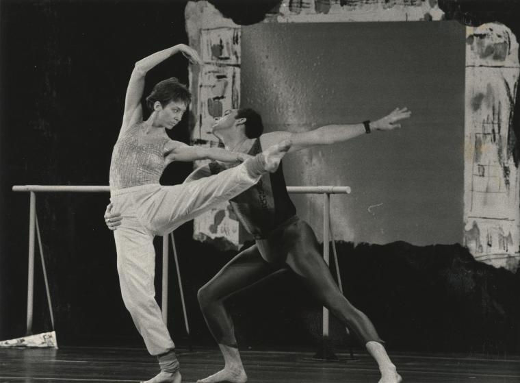 Penny Hutchinson and Mark Morris in "The 'Tamil Film Songs in Stereo' Pas de Deux" on the set of "Great Performances," 1986
