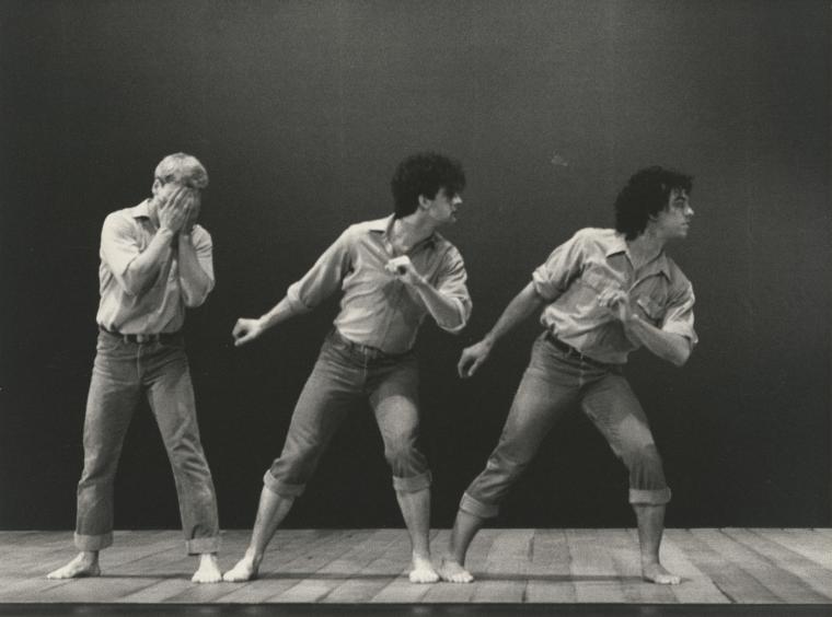 Donald Mouton, Mark Morris, and Guillermo Resto in "Songs That Tell a Story" on the set of "Great Performances," 1986