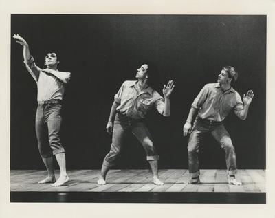Mark Morris, Guillermo Resto, and Donald Mouton in "Songs That Tell a Story" on the set of "Great Performances," 1986